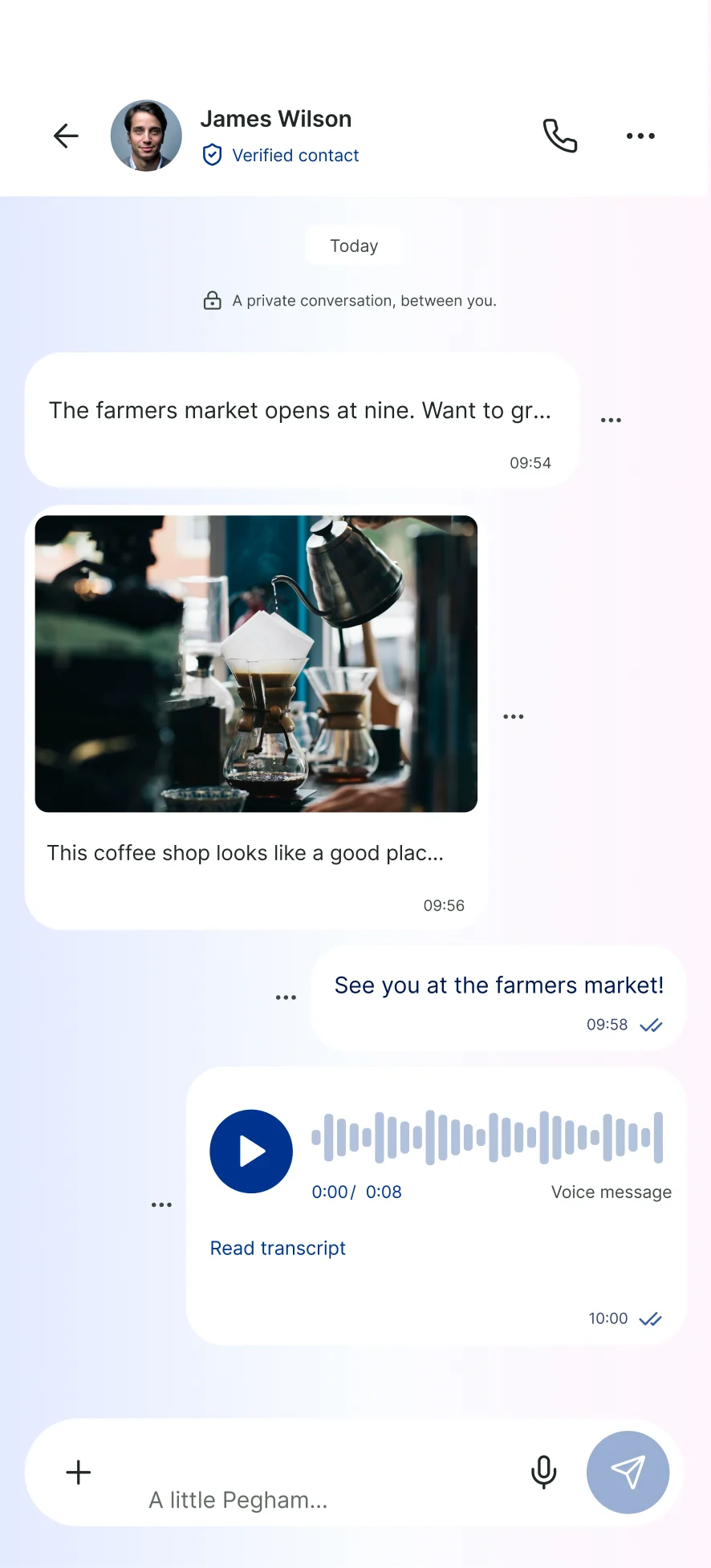 An illustrative private Pegham conversation with messages, a shared photo and a voice note